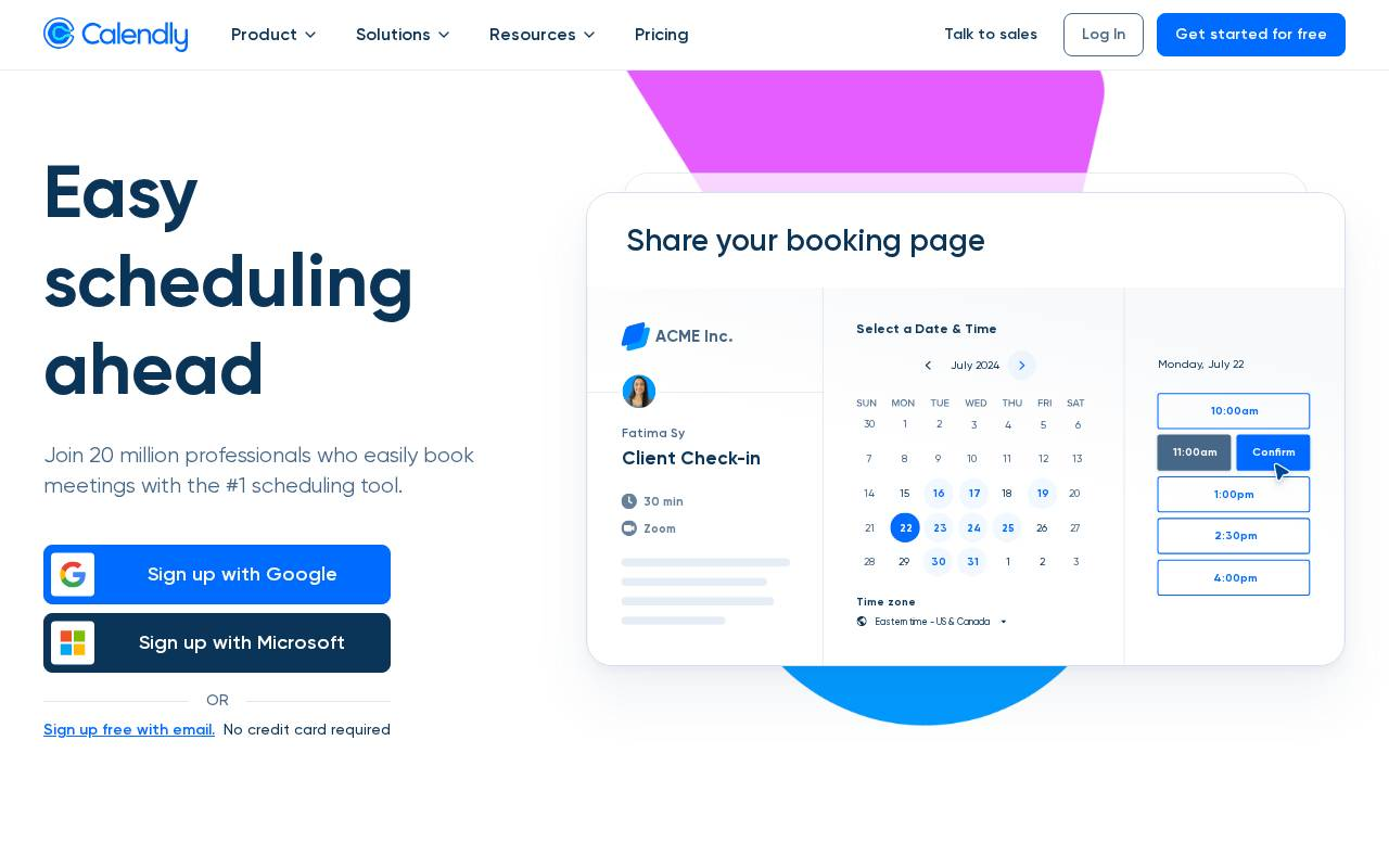 Calendly homepage hero: 'Easy scheduling ahead' with a booking-page mockup and sign-up options.
