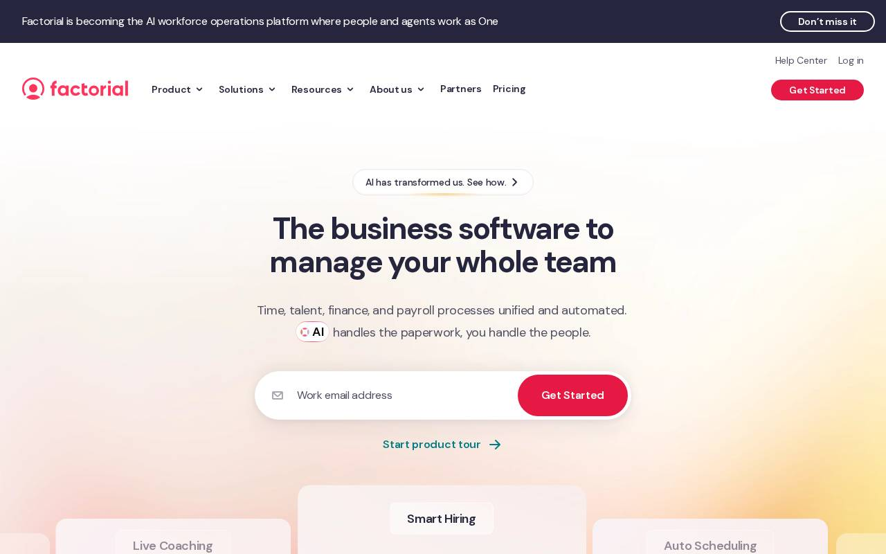 Hero de la home de Factorial: 'The business software to manage your whole team' con un registro por email, un botón 'Get Started', un enlace 'Start product tour' y mockups de producto.