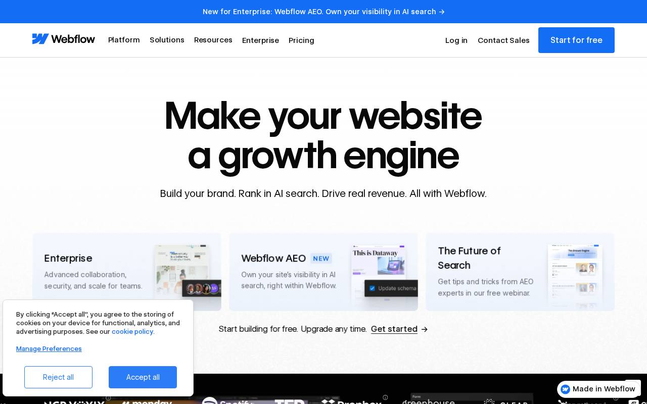 Webflow homepage hero: 'Make your website a growth engine' with feature cards and a small consent banner in the corner.